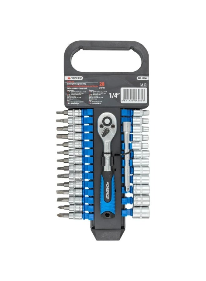 Socket and bit set with ratchet 27pcs, 1/4", 6 point, 4-13mm, in plastic holder