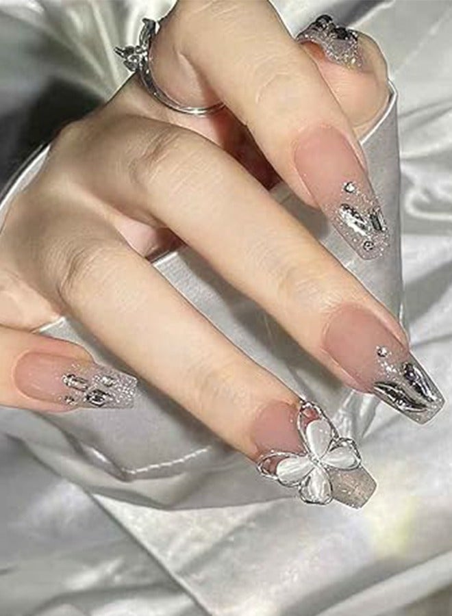 Generic Acrylic Nails Nude Nail Butterfly Design Glossy Fake Nails 24 Pieces Of Butterfly Dance Wearable Nails Finished Nail Art Patches Crystal Bow Sparkling T-Shaped Nail Patches  - Image 1