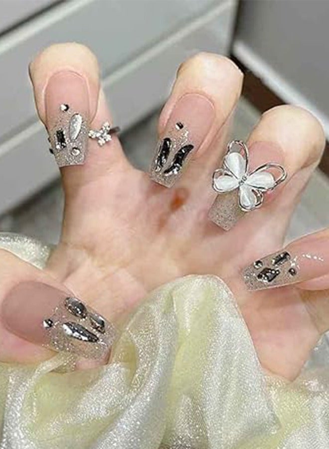 Generic Acrylic Nails Nude Nail Butterfly Design Glossy Fake Nails 24 Pieces Of Butterfly Dance Wearable Nails Finished Nail Art Patches Crystal Bow Sparkling T-Shaped Nail Patches  - Image 2