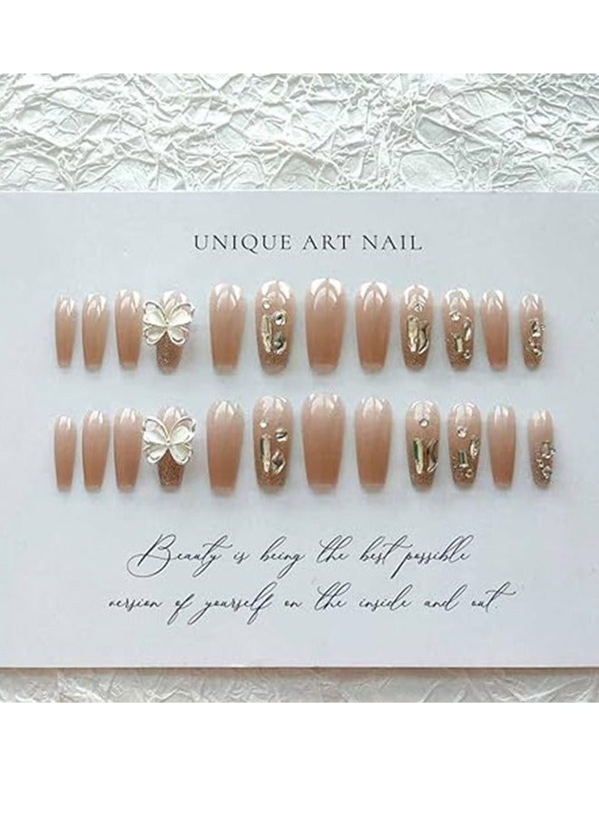 Generic Acrylic Nails Nude Nail Butterfly Design Glossy Fake Nails 24 Pieces Of Butterfly Dance Wearable Nails Finished Nail Art Patches Crystal Bow Sparkling T-Shaped Nail Patches  - Image 3