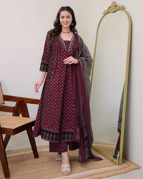 SKY FAB Women's Rayon Printed Anarkali Kurta and Pant with Dupatta Set (Large Size Available) - Image 4