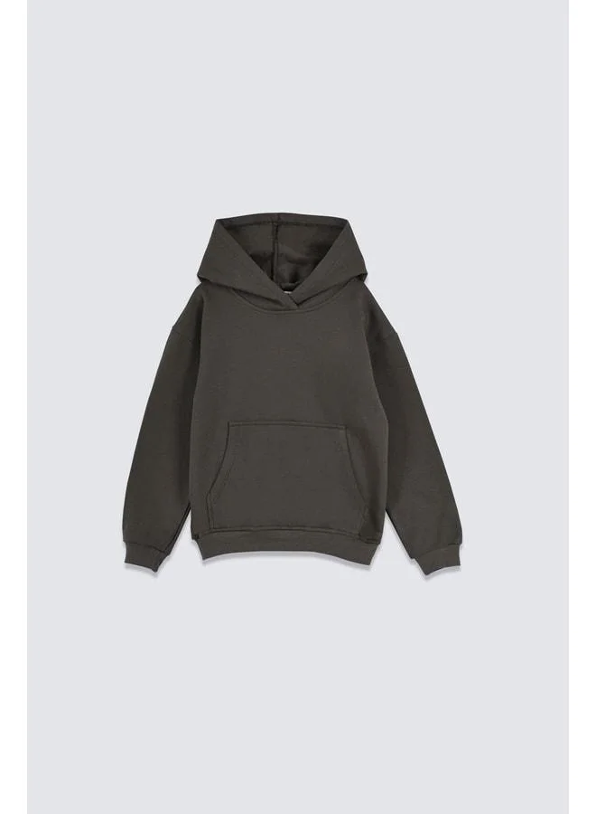 Zuzunga Basic Hooded Sherpa Kangaroo Pocket Detailed Children's Sweatshirt 3-10 Years Beige.