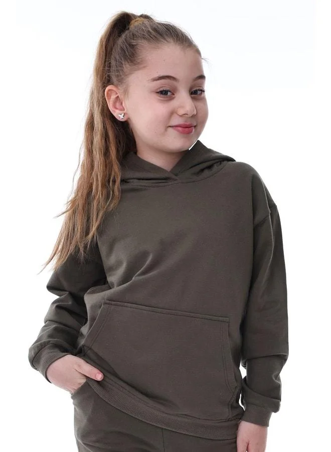 Zuzunga Basic Hooded Sherpa Kangaroo Pocket Detailed Children's Sweatshirt 3-10 Years Beige.