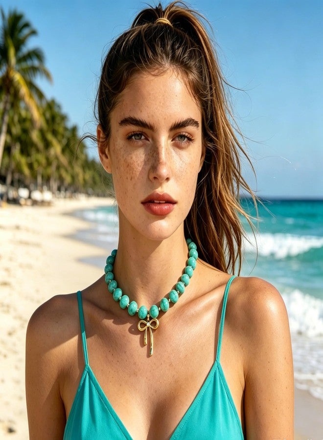 kepvrio Colorful Beaded Necklace for Women,Turquoisel Chunky Bead Choker Necklaces Boho Statement Bow Pendant Beaded Necklace Summer Beach Jewelry Gift - Image 4