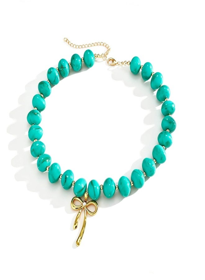 kepvrio Colorful Beaded Necklace for Women,Turquoisel Chunky Bead Choker Necklaces Boho Statement Bow Pendant Beaded Necklace Summer Beach Jewelry Gift - Image 1