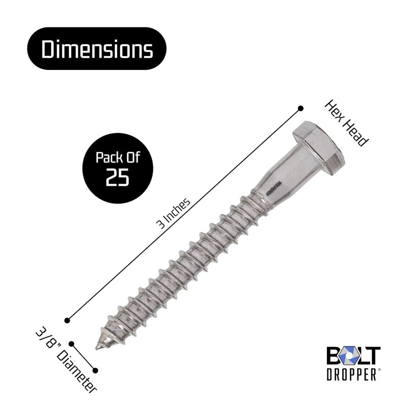 Bolt Dropper 3/8" x 3" Stainless Hex Head Lag Bolt Screws, (25 Pack), 304 (18-8) Stainless Steel Coach Bolts/Large Screws for Wood with Plain Finish by - Image 3
