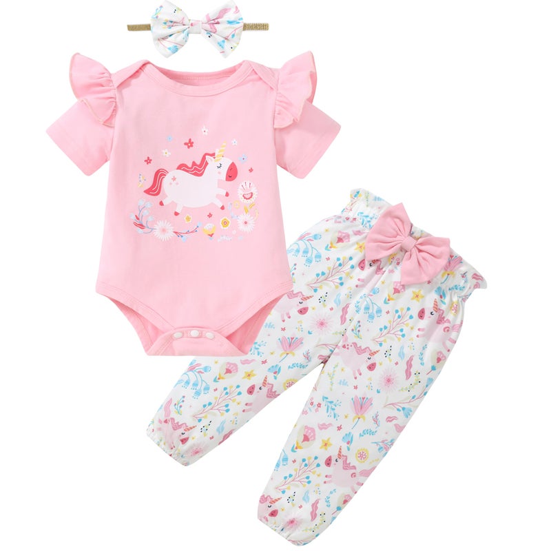 DISAUR Baby Girl Short Sleeve Outfits Pink Adorable Pony Ruffle White Romper Pants Newborn Baby Girl Leave Hospital Outfits - Image 1