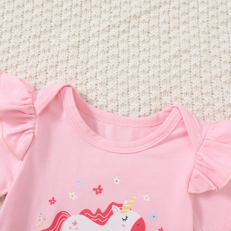 DISAUR Baby Girl Short Sleeve Outfits Pink Adorable Pony Ruffle White Romper Pants Newborn Baby Girl Leave Hospital Outfits - Image 2