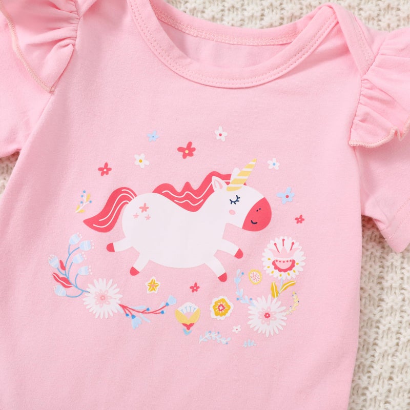 DISAUR Baby Girl Short Sleeve Outfits Pink Adorable Pony Ruffle White Romper Pants Newborn Baby Girl Leave Hospital Outfits - Image 3