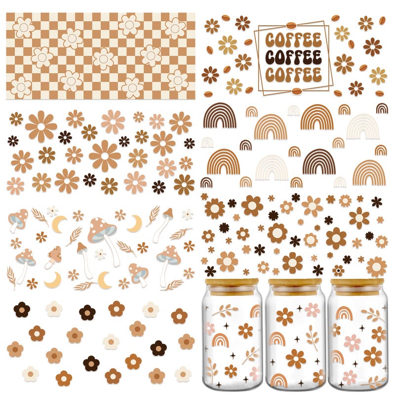 Rngmsi UV DTF Cup Wrap - 8 Sheets Boho Coffee UVDTF Cup Wraps for 16 oz, Groovy Daisy Mushroom Flower Rainbow UV Decals, Waterproof Rub on Transfer Stickers for Glass Wood Crafts - Image 1