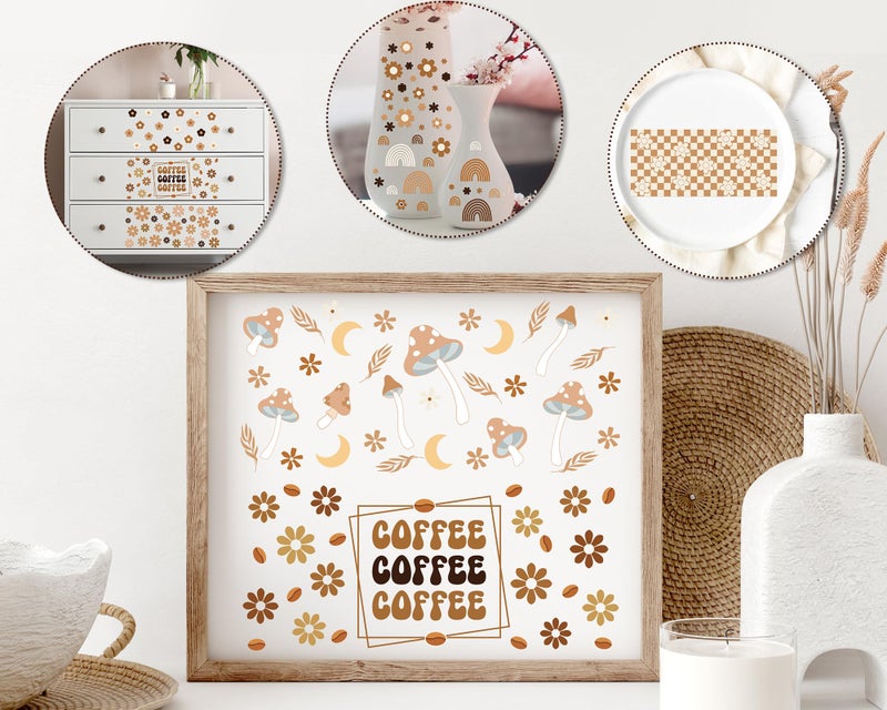 Rngmsi UV DTF Cup Wrap - 8 Sheets Boho Coffee UVDTF Cup Wraps for 16 oz, Groovy Daisy Mushroom Flower Rainbow UV Decals, Waterproof Rub on Transfer Stickers for Glass Wood Crafts - Image 4