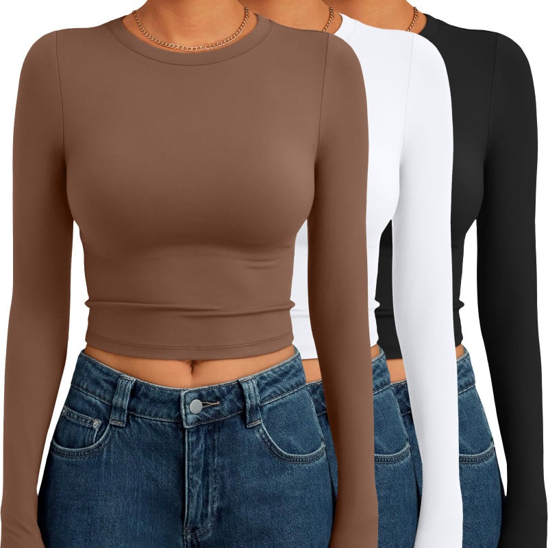 AUTOMET 3 Pack Womens Long Sleeve Shirts Y2K Going Out Crop Tops Cute Basic Slim Fitted Fall Fashion Outfits 2026 Clothes BrownWhiteBlack S - Image 1