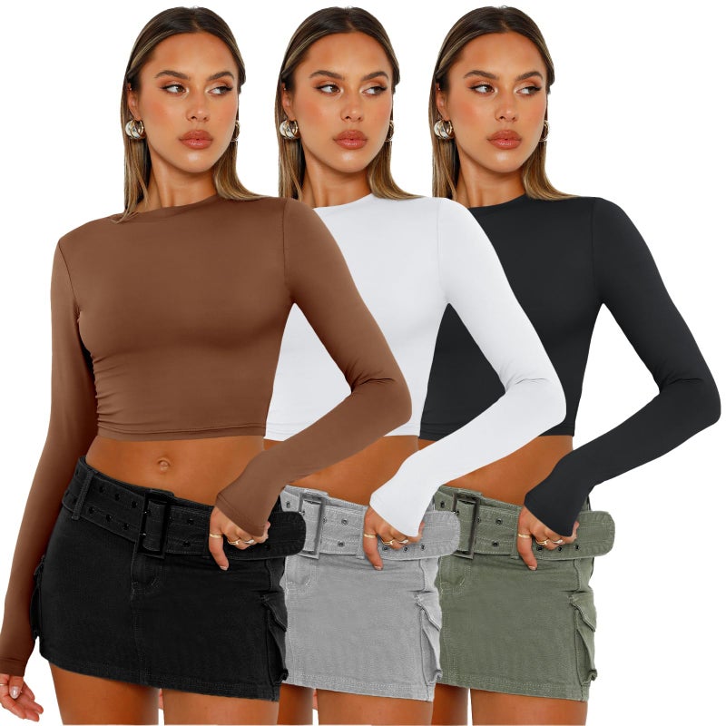 AUTOMET 3 Pack Womens Long Sleeve Shirts Y2K Going Out Crop Tops Cute Basic Slim Fitted Fall Fashion Outfits 2026 Clothes BrownWhiteBlack S - Image 2