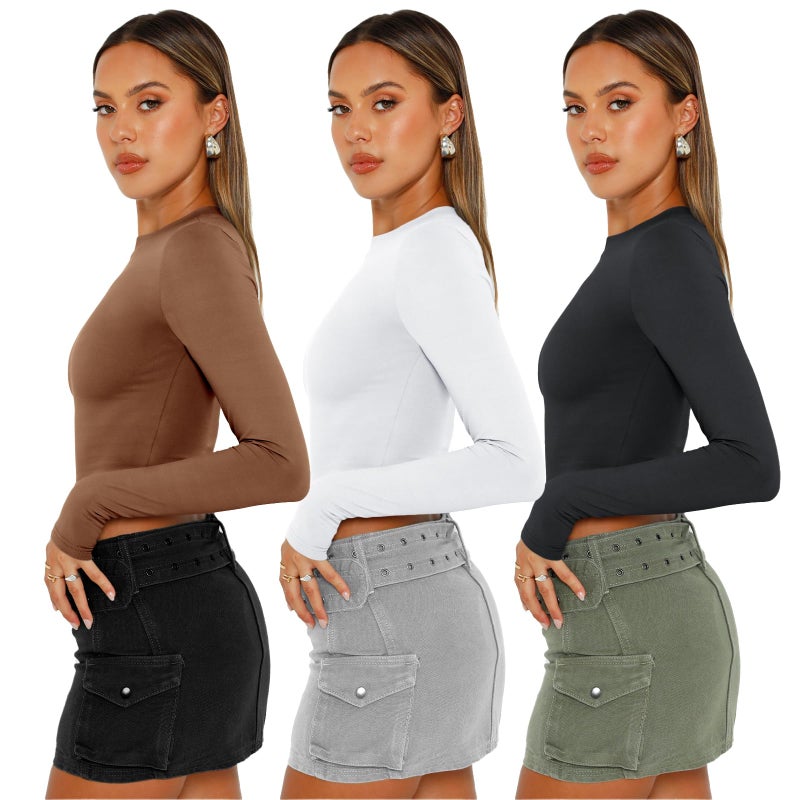 AUTOMET 3 Pack Womens Long Sleeve Shirts Y2K Going Out Crop Tops Cute Basic Slim Fitted Fall Fashion Outfits 2026 Clothes BrownWhiteBlack S - Image 3