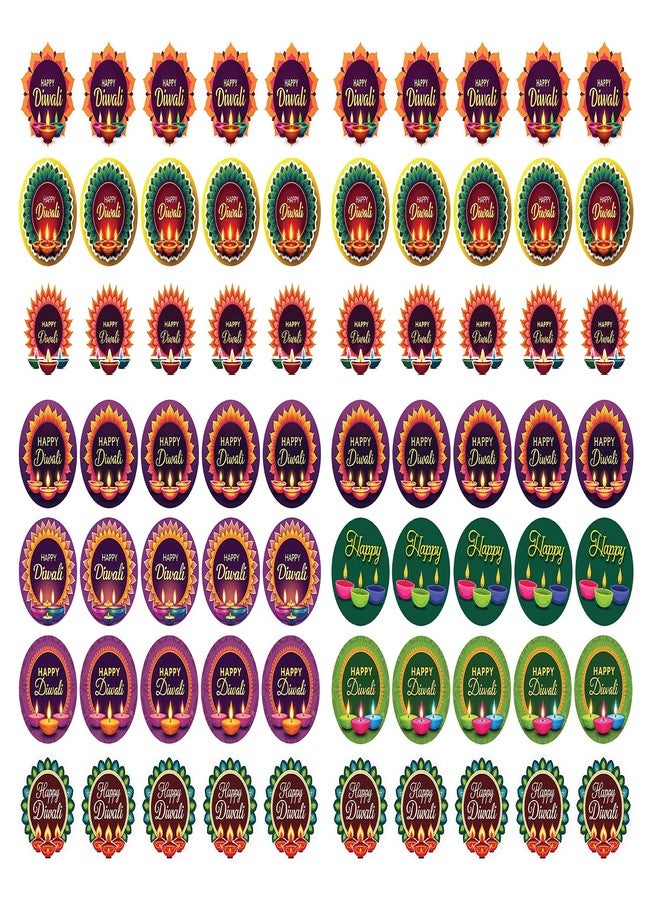 EYESHIV Happy Diwali Festival Round Stickers, Colorful Decorative Labels with Traditional Rangoli and Diya Designs, 7 Designs 60 Pics. - Image 1