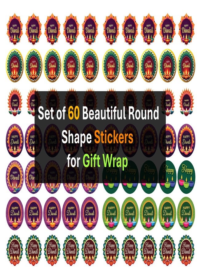 EYESHIV Happy Diwali Festival Round Stickers, Colorful Decorative Labels with Traditional Rangoli and Diya Designs, 7 Designs 60 Pics. - Image 2