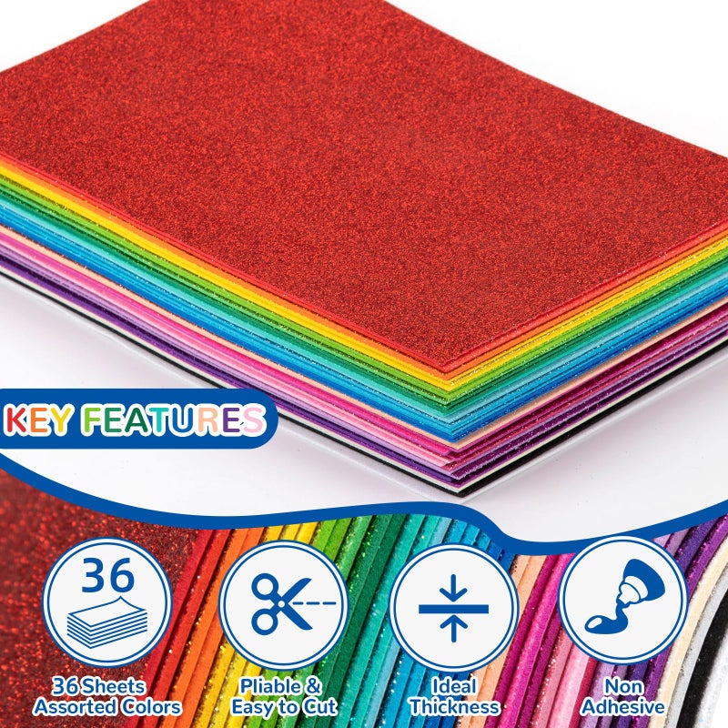 Nitelemn 36 Pack Glitter Foam Sheets Craft 8 x 6 inch, 36 Colors Sparkles Foam Paper for Art Crafts Projects, Classrooms Scrapbook Gift DIY Cutters Card Party Decoration - Image 4