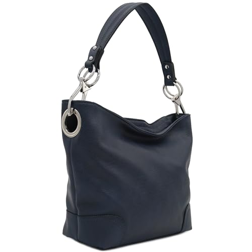 Alyssa Hobo Shoulder Bag with Big Snap Hook Hardware (Navy) - Image 1