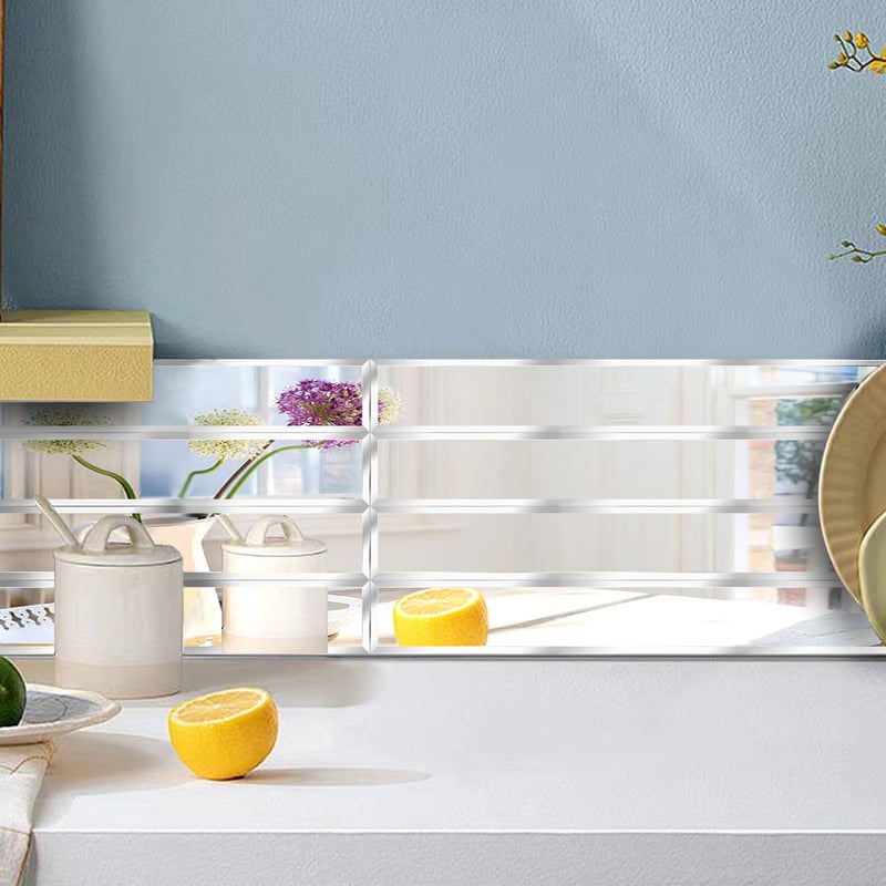 XIHACTY 12 Pcs Peel and Stick Beveled Mirror Glass Tile.12x1.2 Inch Mirror Backsplash Tiles. Cute Mirror Strip Tile for Kitchen, Bathroom Wall. 12 Pcs - Image 2