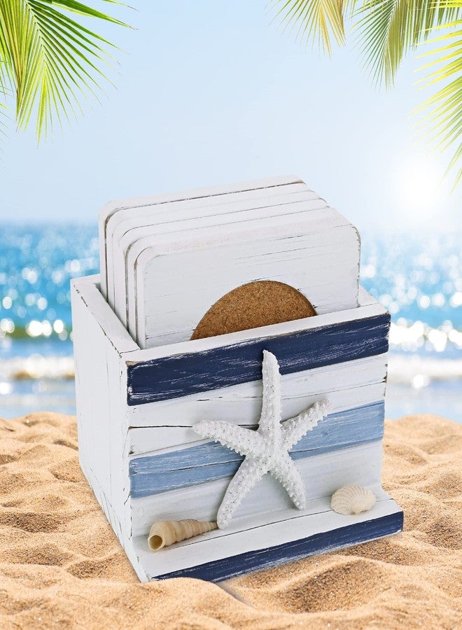 Puzzled COTA Global Blue Stripes Nautical Wooden Coaster Set - Table Top Centerpiece Coastal Decor for Kitchen, Home, Beach House, Rustic Decorative 6 Coasters Set with Holder - Handmade Color May Vary - Image 5
