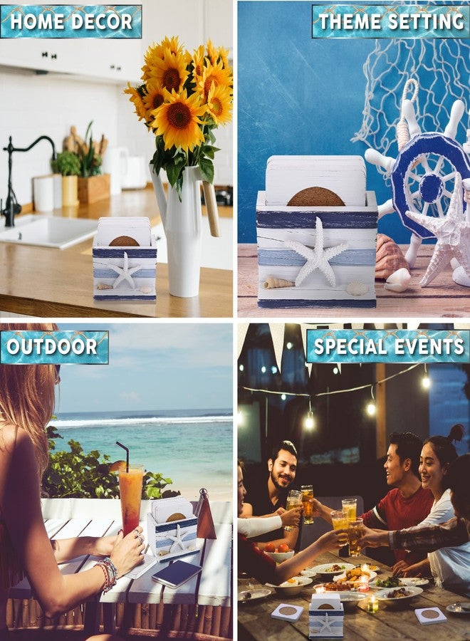 Puzzled COTA Global Blue Stripes Nautical Wooden Coaster Set - Table Top Centerpiece Coastal Decor for Kitchen, Home, Beach House, Rustic Decorative 6 Coasters Set with Holder - Handmade Color May Vary - Image 3