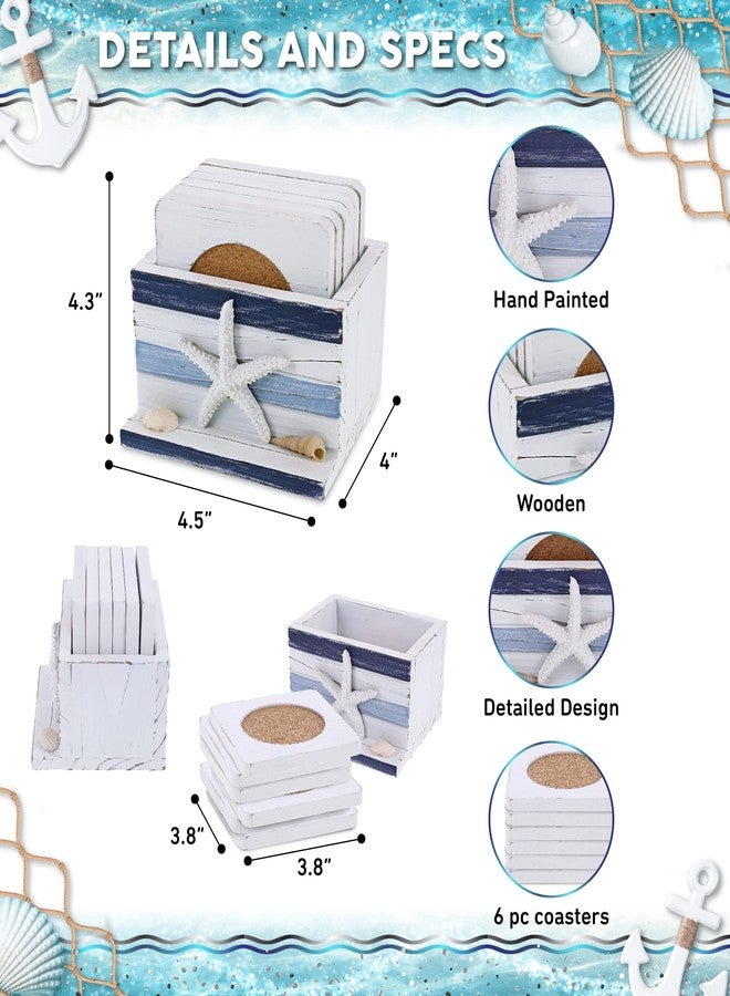 Puzzled COTA Global Blue Stripes Nautical Wooden Coaster Set - Table Top Centerpiece Coastal Decor for Kitchen, Home, Beach House, Rustic Decorative 6 Coasters Set with Holder - Handmade Color May Vary - Image 2