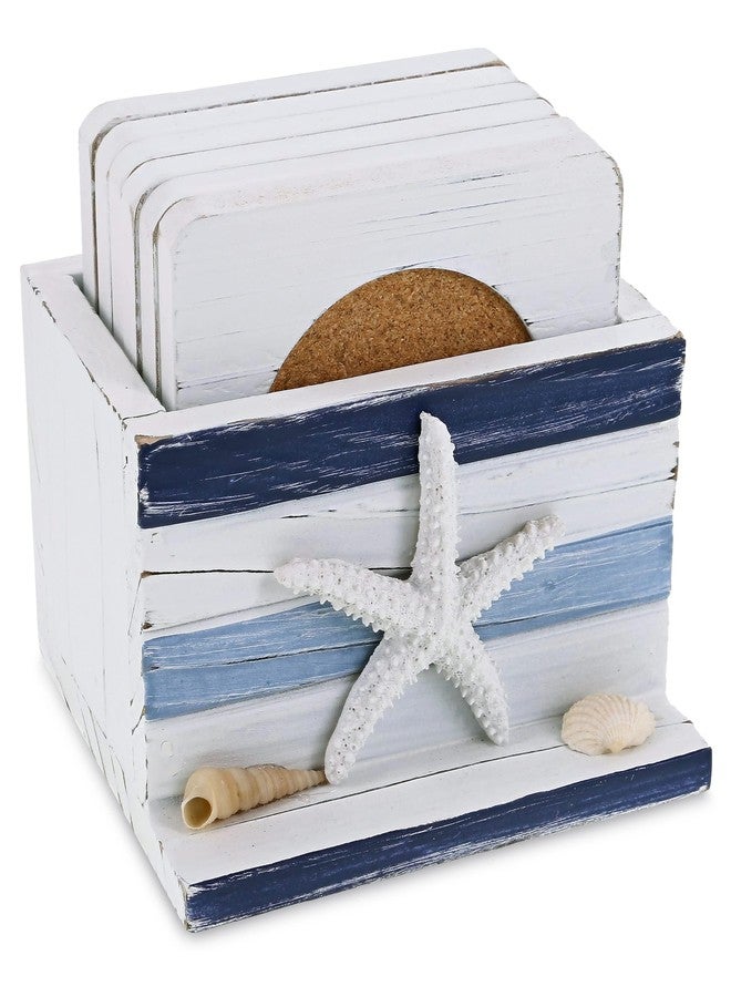 Puzzled COTA Global Blue Stripes Nautical Wooden Coaster Set - Table Top Centerpiece Coastal Decor for Kitchen, Home, Beach House, Rustic Decorative 6 Coasters Set with Holder - Handmade Color May Vary - Image 1