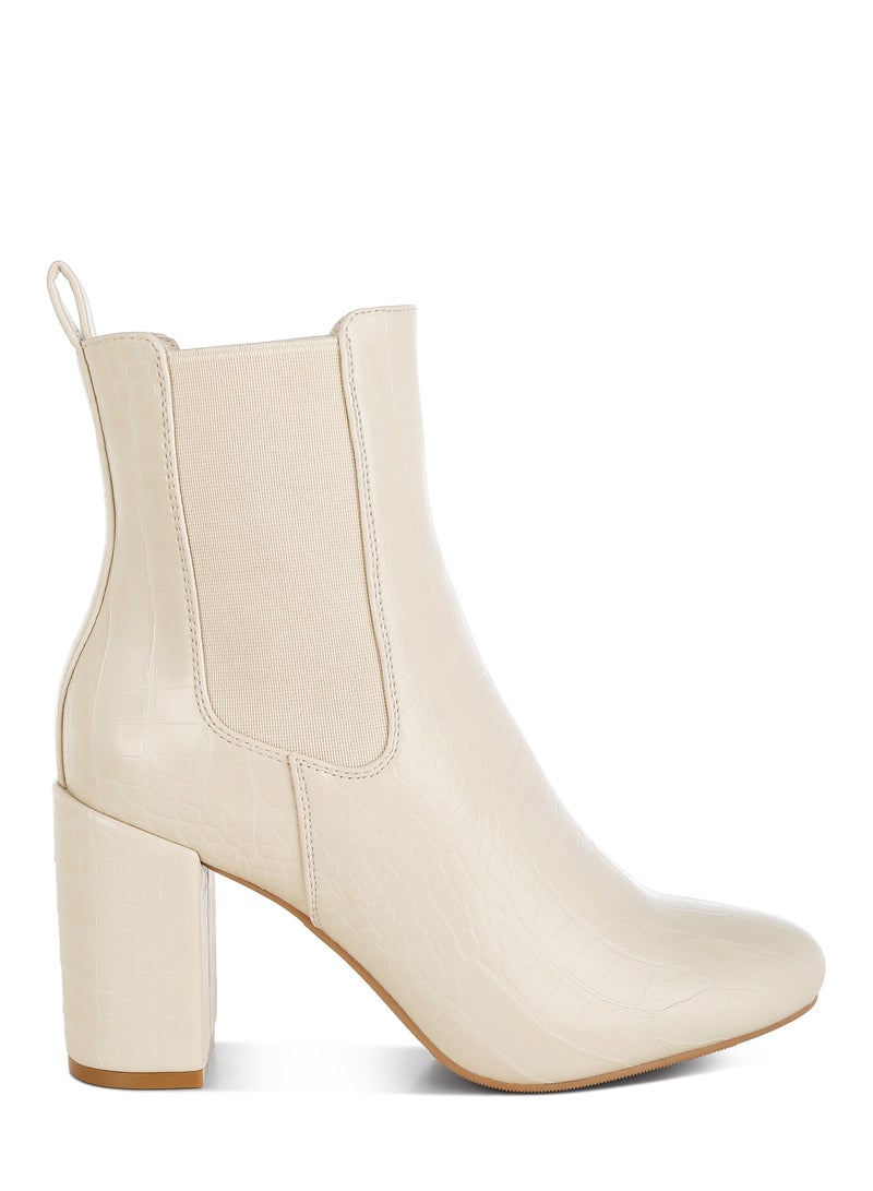 London Rag Faux Leather Block Heel Ankle Boots in Beige - Image 1