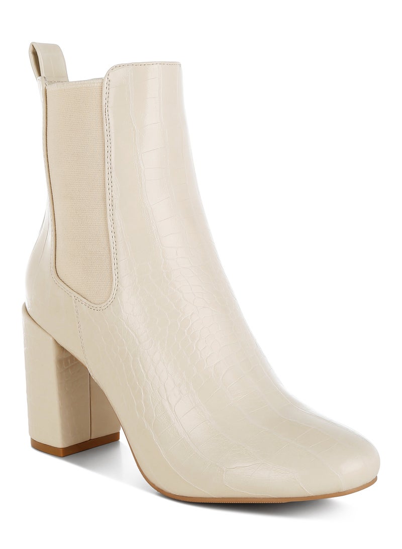 London Rag Faux Leather Block Heel Ankle Boots in Beige - Image 2
