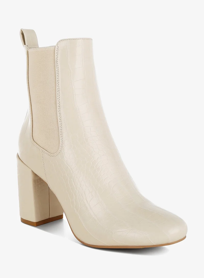 London Rag Faux Leather Block Heel Ankle Boots in Beige