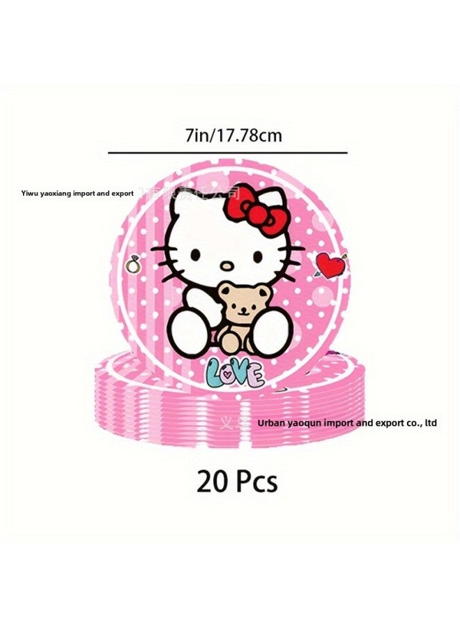 Pink Hello Kitty Theme Disposable Party Tableware Hello Kitty Birthday Party Paper Plate Tablecloth Tissue-Color:7inch 20pcs Plates + 20pcs Paper Towels + 1pcs Tablecloth (41 Pieces)  - Image 3