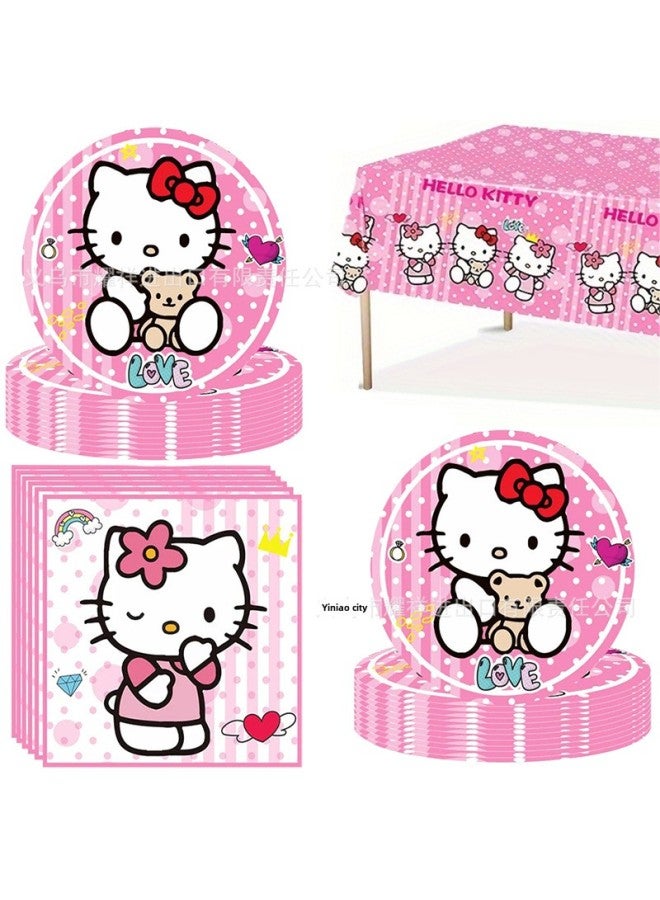 Pink Hello Kitty Theme Disposable Party Tableware Hello Kitty Birthday Party Paper Plate Tablecloth Tissue-Color:7inch 20pcs Plates + 20pcs Paper Towels + 1pcs Tablecloth (41 Pieces)  - Image 1