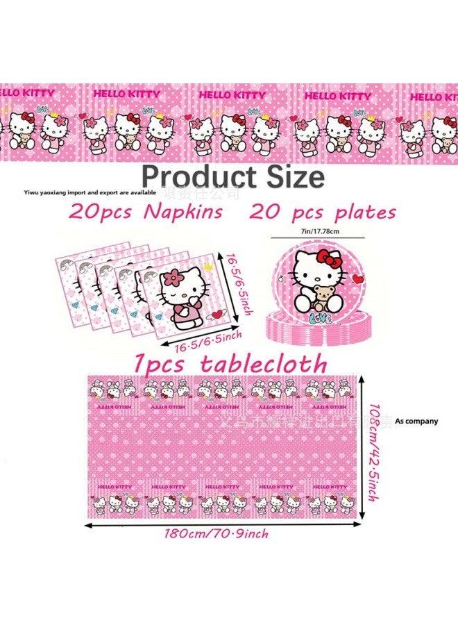 Pink Hello Kitty Theme Disposable Party Tableware Hello Kitty Birthday Party Paper Plate Tablecloth Tissue-Color:7inch 20pcs Plates + 20pcs Paper Towels + 1pcs Tablecloth (41 Pieces)  - Image 2