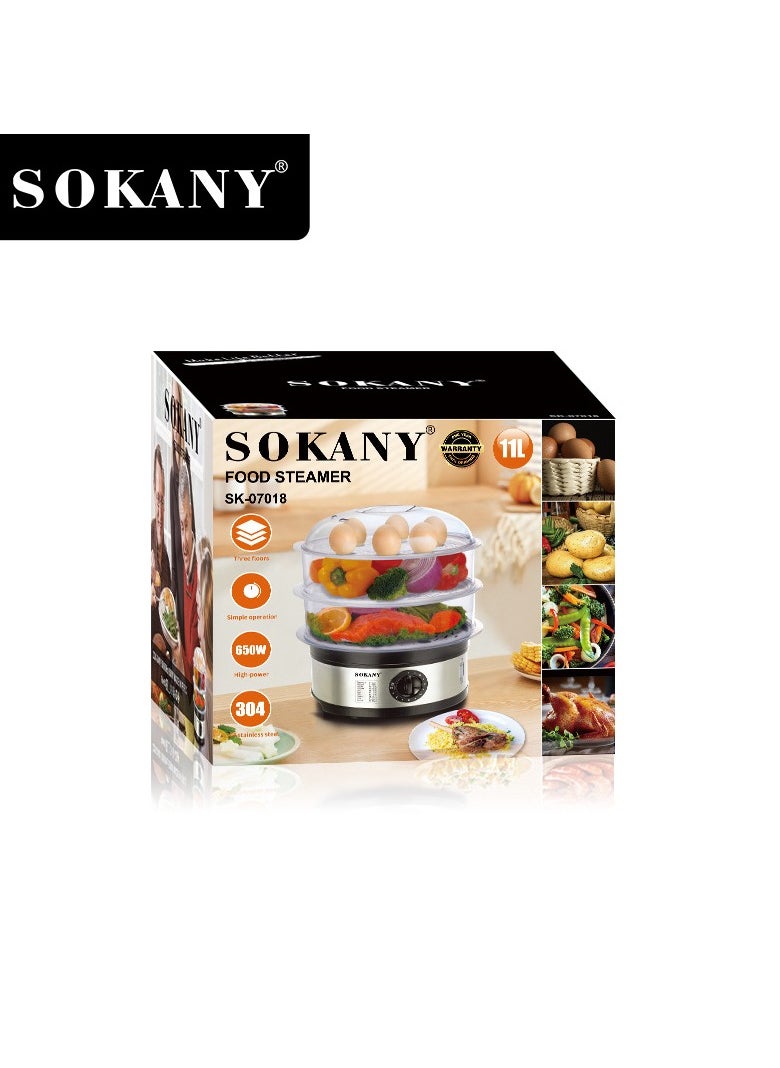11L Stainless Steel Food Steamer With 3 Tier And Timer, 650 W, silver