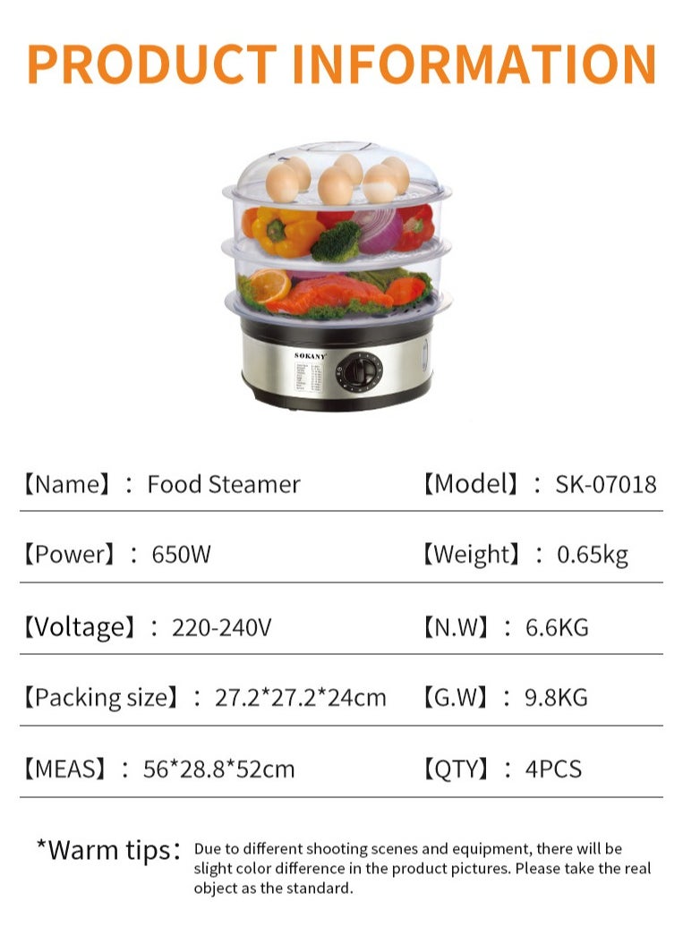 11L Stainless Steel Food Steamer With 3 Tier And Timer, 650 W, silver