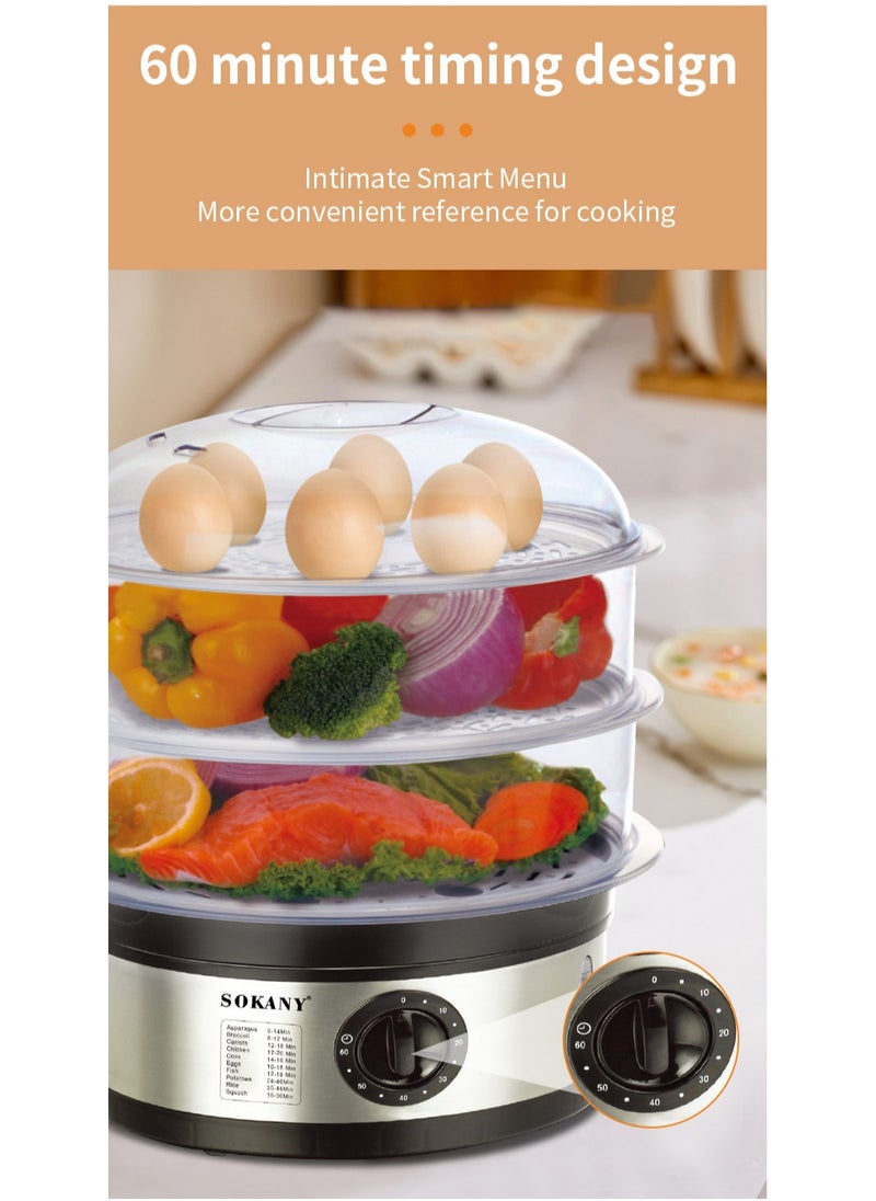 11L Stainless Steel Food Steamer With 3 Tier And Timer, 650 W, silver
