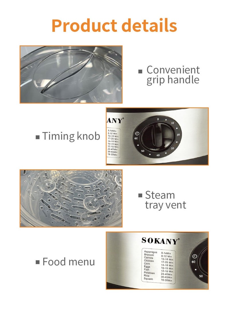 11L Stainless Steel Food Steamer With 3 Tier And Timer, 650 W, silver