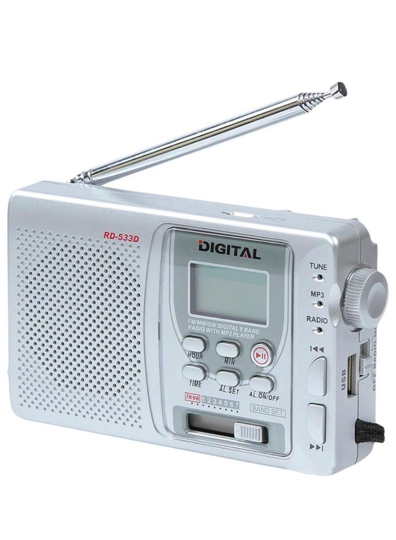راديو محمول 9 نطاقات مع مشغل MP3 AM/FM/SW، ضبط عالي الحساسية، بطارية قابلة لإعادة الشحن، مكبر صوت مدمج، دعم بطاقة USB وSD، مثالي للمنزل والسفر والاستخدام الخارجي - Image 1