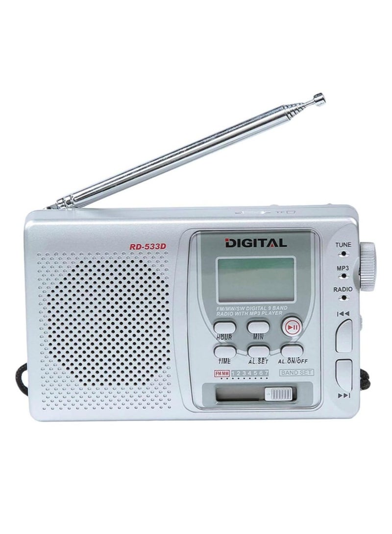 راديو محمول 9 نطاقات مع مشغل MP3 AM/FM/SW، ضبط عالي الحساسية، بطارية قابلة لإعادة الشحن، مكبر صوت مدمج، دعم بطاقة USB وSD، مثالي للمنزل والسفر والاستخدام الخارجي - Image 2