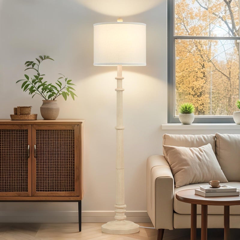 EJIAXIN Floor Lamps for Living Room - 60" Resin Farmhouse Floor Lamp with Adjustable Color Temperatures - Vintage Standing Lamp Reading Light with Linen Shade Rustic Tall Lamp for Bedroom Office, Oatmeal Wash - Image 1