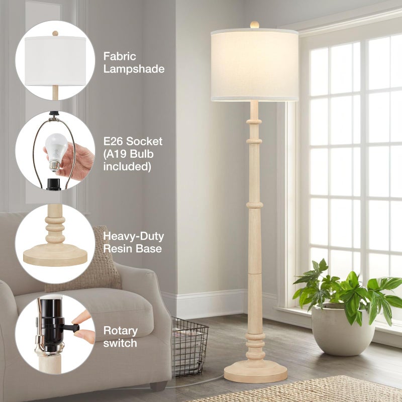 EJIAXIN Floor Lamps for Living Room - 60" Resin Farmhouse Floor Lamp with Adjustable Color Temperatures - Vintage Standing Lamp Reading Light with Linen Shade Rustic Tall Lamp for Bedroom Office, Oatmeal Wash - Image 5