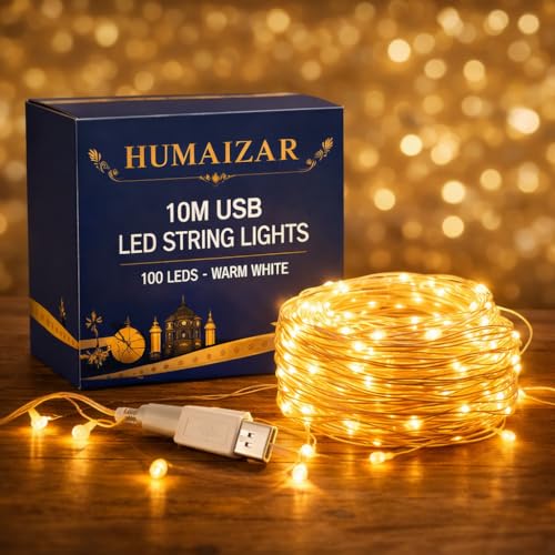 HUMAIZAR 10M USB LED String Lights with 100 LEDs – Warm White Decorative Fairy Lights for Ramadan Eid Decorations, Kids Room, Wall Hanging, Mother’s Day Gift, Festive Lighting (Pack of 1 Set) - Image 1