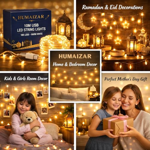 HUMAIZAR 10M USB LED String Lights with 100 LEDs – Warm White Decorative Fairy Lights for Ramadan Eid Decorations, Kids Room, Wall Hanging, Mother’s Day Gift, Festive Lighting (Pack of 1 Set) - Image 3