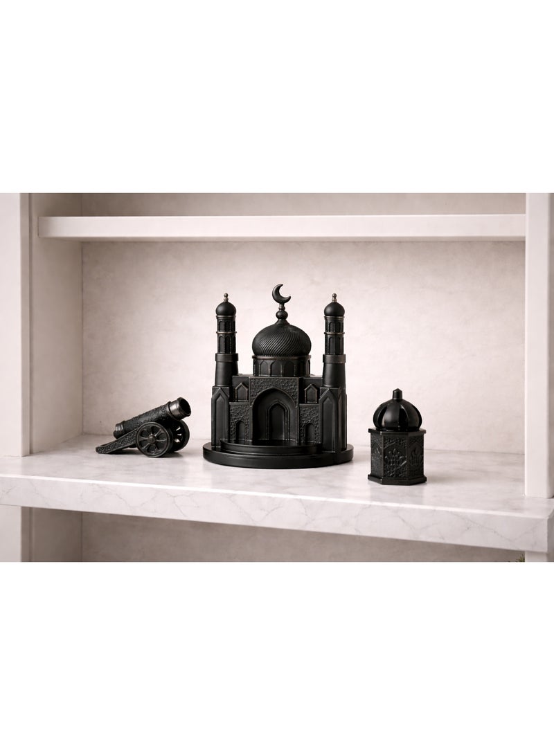 Luxury Ramadan Resin Decor Set – Mosque, Lantern & Ramadan Cannon | Home Décor | Ramadan Home Decoration | Black Color - Image 1