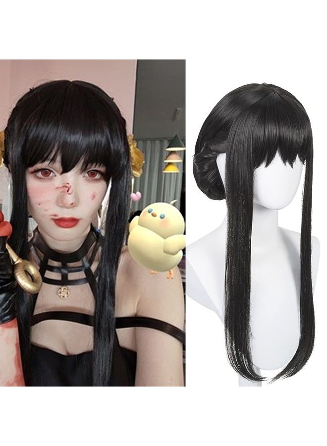 Half and Half Uniquebe Long Straight Black Wig with Bangs & Bun for Women Girls Cosplay, Anime Briar Wig Synthetic Hair + Wig Cap for Halloween Costume Party Role Playing - Image 1
