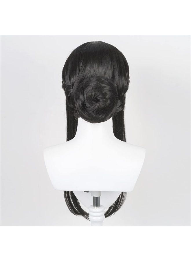 Half and Half Uniquebe Long Straight Black Wig with Bangs & Bun for Women Girls Cosplay, Anime Briar Wig Synthetic Hair + Wig Cap for Halloween Costume Party Role Playing - Image 5