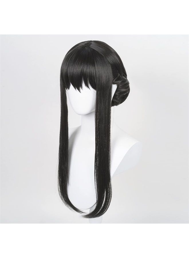 Half and Half Uniquebe Long Straight Black Wig with Bangs & Bun for Women Girls Cosplay, Anime Briar Wig Synthetic Hair + Wig Cap for Halloween Costume Party Role Playing - Image 3