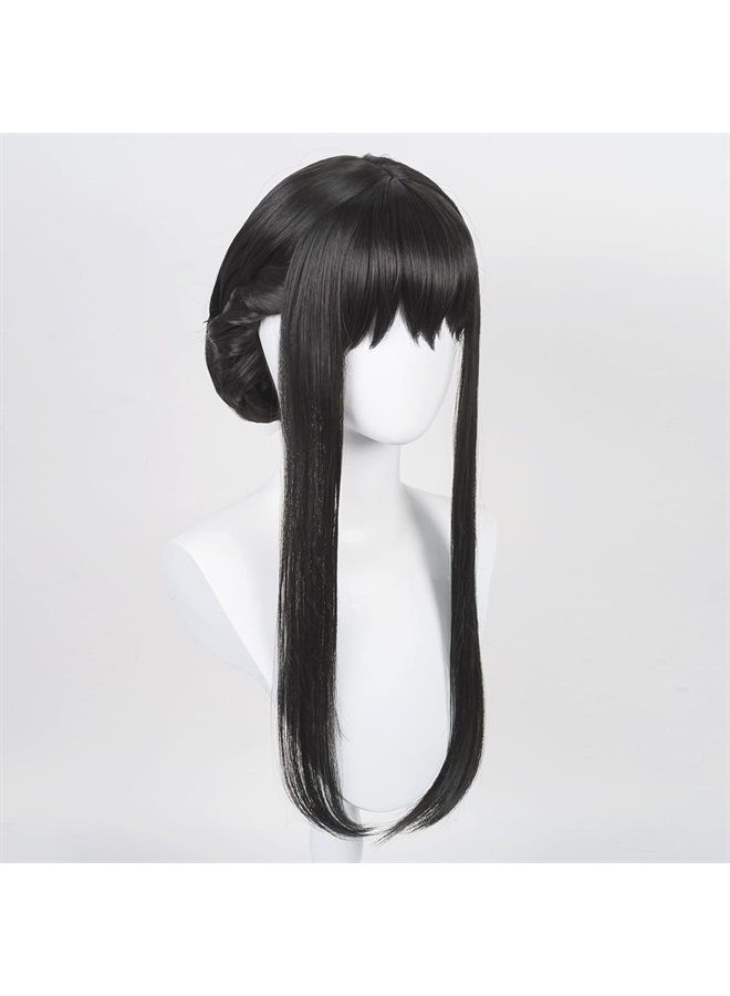 Half and Half Uniquebe Long Straight Black Wig with Bangs & Bun for Women Girls Cosplay, Anime Briar Wig Synthetic Hair + Wig Cap for Halloween Costume Party Role Playing - Image 2