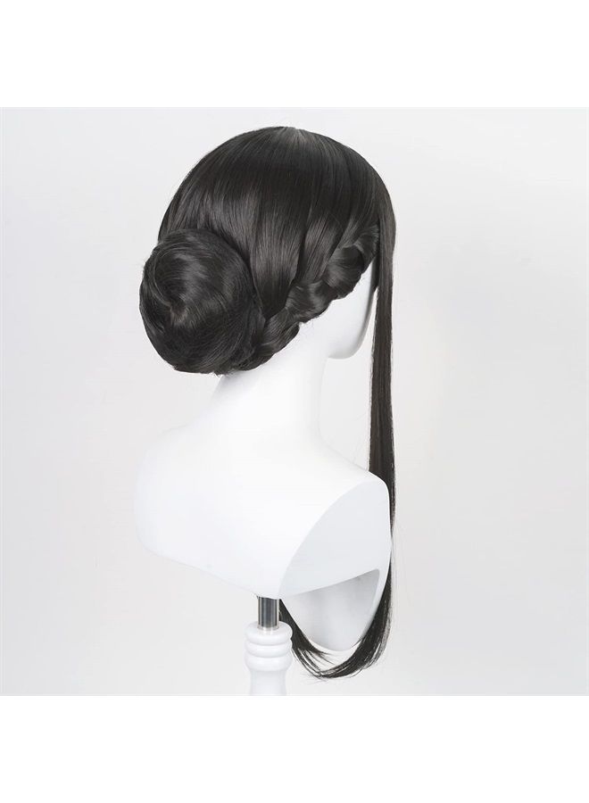 Half and Half Uniquebe Long Straight Black Wig with Bangs & Bun for Women Girls Cosplay, Anime Briar Wig Synthetic Hair + Wig Cap for Halloween Costume Party Role Playing - Image 4