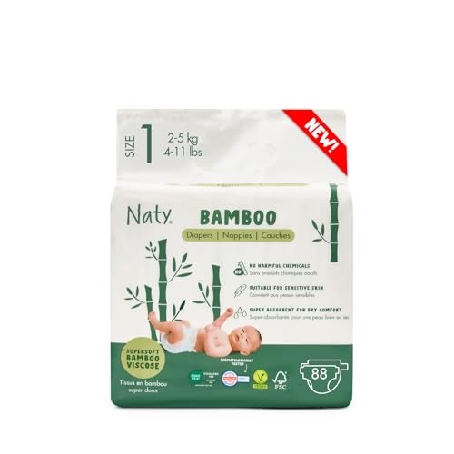 Naty Bamboo Viscose Baby Diapers – Silky Soft, Plant Based, Dermatologically Tested for Sensitive Skin & Super Absorbent (Size 1, 88 Count) - Image 1